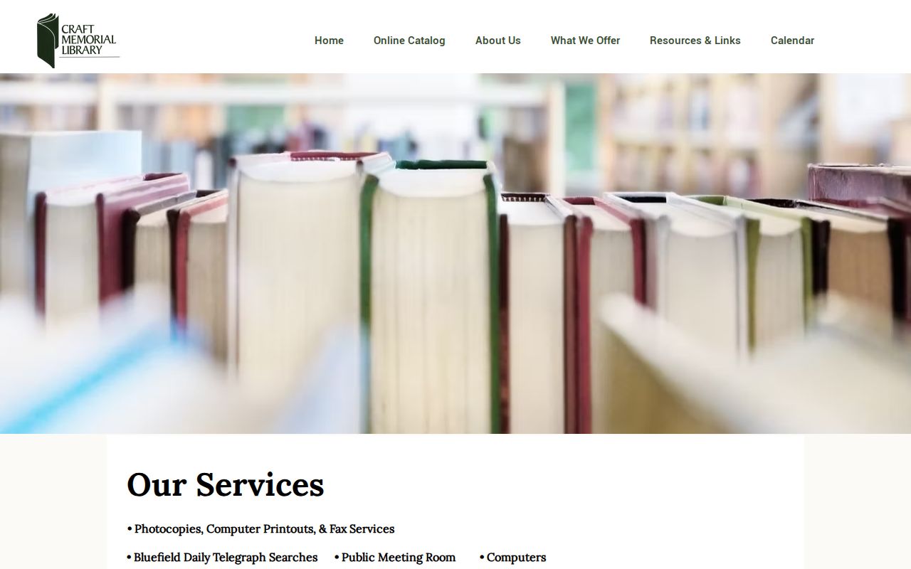 Craft Memorial Library services page for Bluefield local research