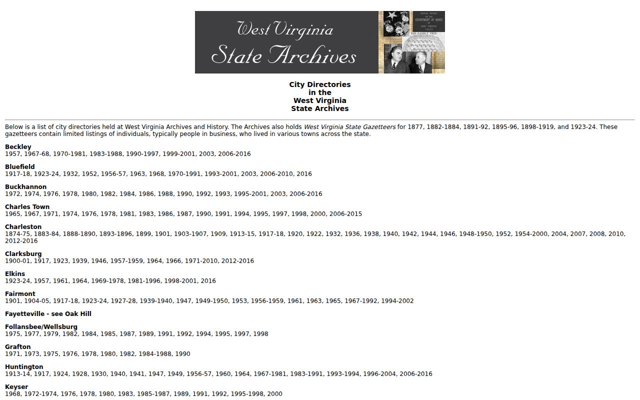 West Virginia Archives city directory holdings page for Bluefield