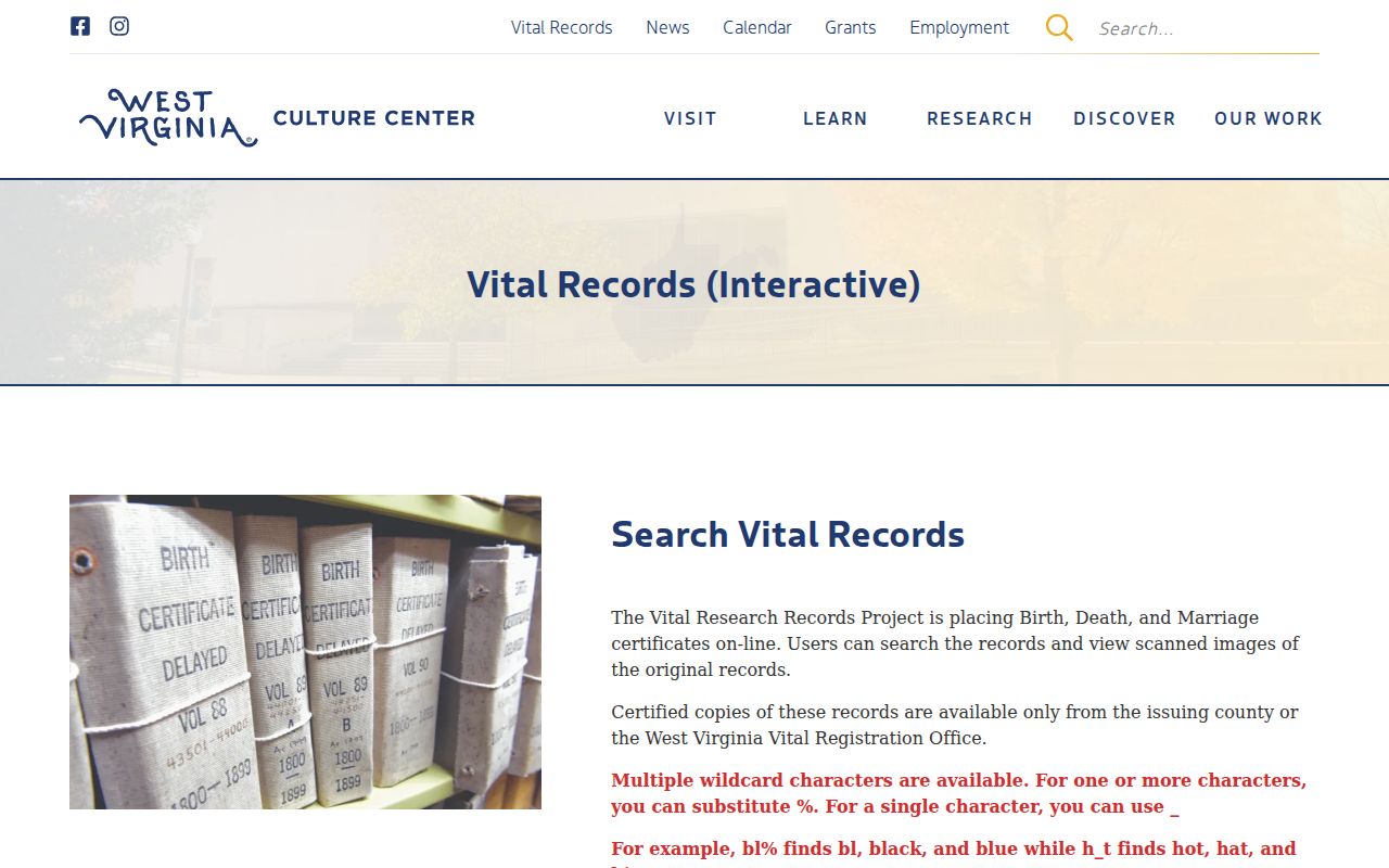 West Virginia Vital Research historical birth death and marriage search page
